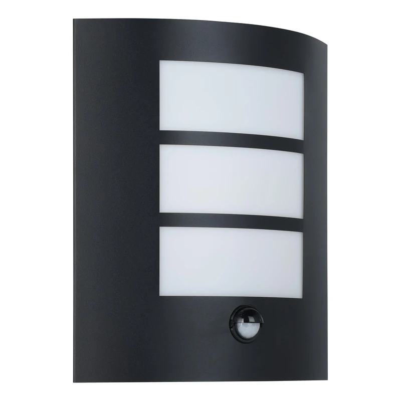 EGLO Outdoor Wall Light City with Motion and Twilight Sensor, Porch Lighting, Waterproof Outside Lamp Made of Black Galvanized Steel and White Plastic, E27 Socket, IP44