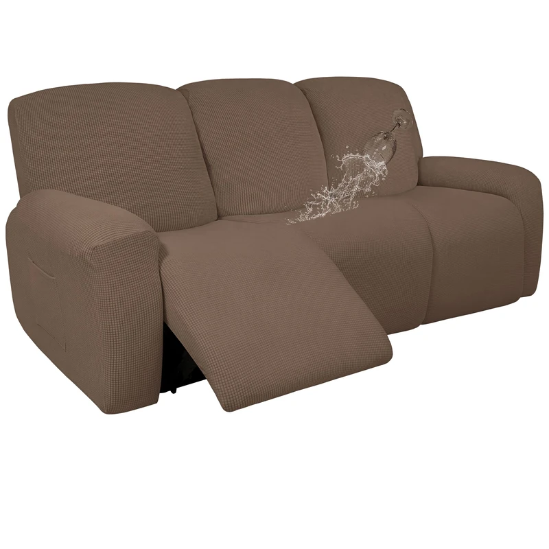 Easy-Going 100% Dual Waterproof Recliner Sofa Cover, 8-Pieces Stretch Relining Couch Cover with Pocket, Jacquard 3 Seat Sofa Slipcover Leakproof Washable (Sofa, Brown)