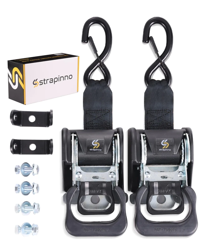 Strapinno 2PCS Retractable Ratchet Straps (1 7/8 in x 4 ft) Heavy Duty Transom Tie-Downs for Boat, PWC Trailer - Extra Mounting Brackets & Bolt Set,Safety Latch S-Hook,Break Strength 2,600LBS/1,180KG