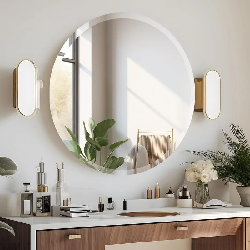 JENBELY 24 Inch Round Frameless Bathroom Mirror, Circle Vanity Mirror with 1" Beveled Edge for Bathroom, Entryways, Living Room.