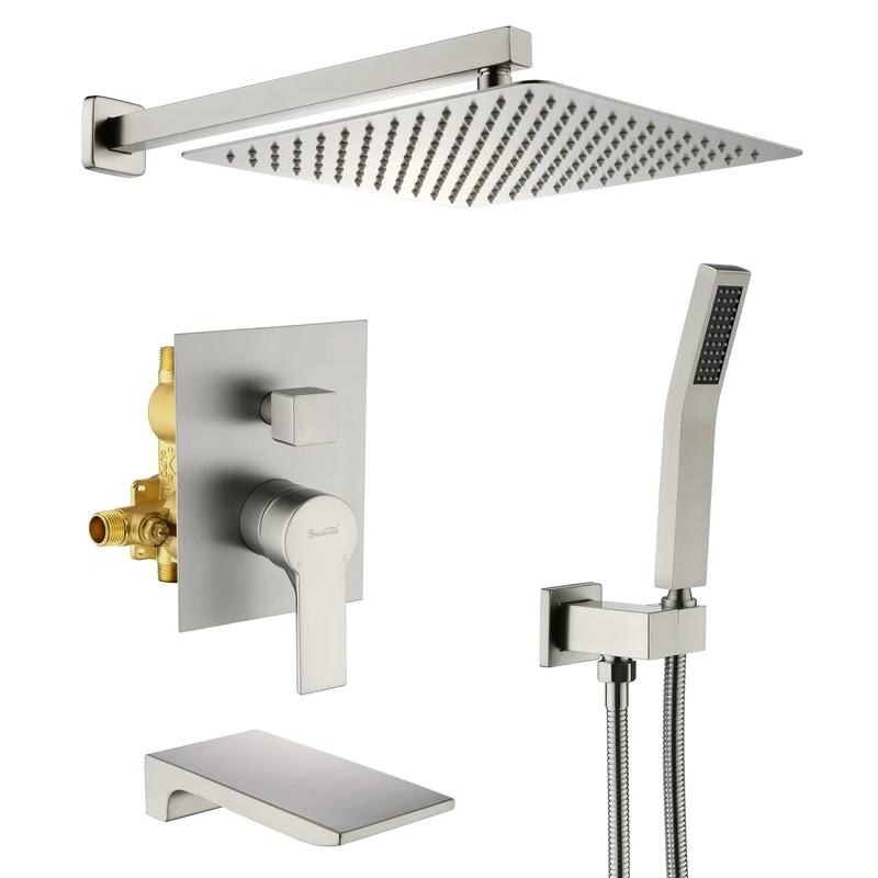 SHAMANDA Shower System with Waterfall Tub Spout and Handheld Shower Head, 12" Rain Shower Faucet Sets Complete with Shower Round-in Valve and Trim Wall Mount, Brushed Nickel, L101-2