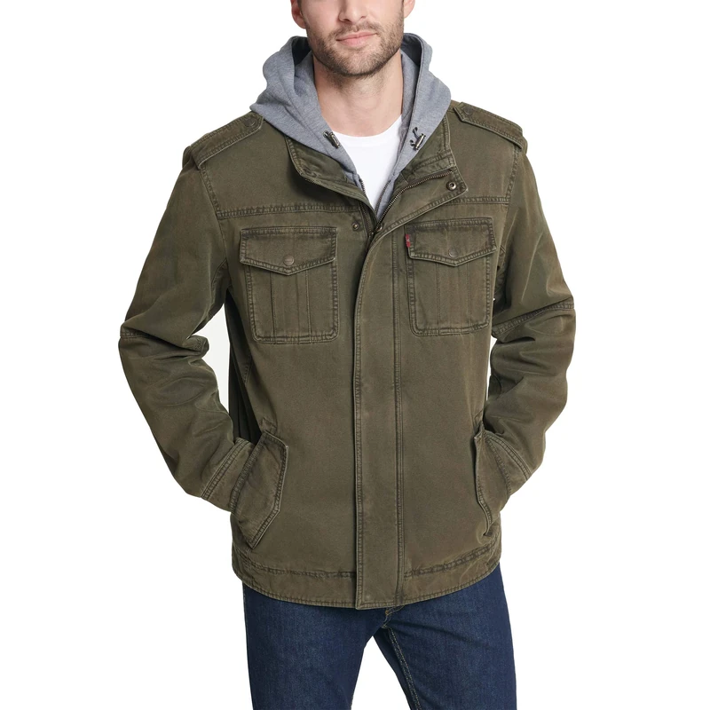 Levi's Men's Washed Cotton Hooded Military Jacket (Regular & Big & Tall Sizes), Olive/Quilted Lining, XL