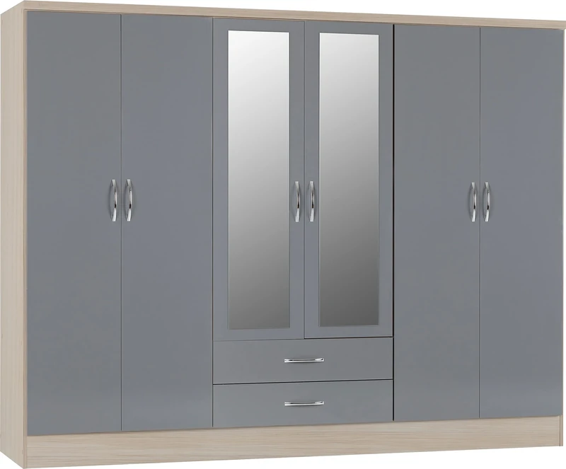 Seconique Nevada 6 Door 2 Drawer Wardrobe in Grey Gloss/Light Oak Effect Veneer, 230 x 52 x 182.5 cm