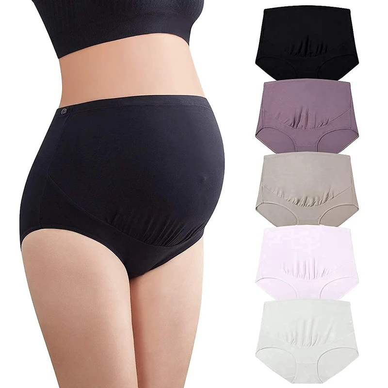 Mama Cotton Women's Over the Bump Maternity Knickers High Waist Full Coverage Pregnancy Underwear (Multicolour B 5 Pack, Size-M)