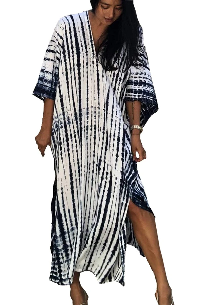 LikeJump Women's Bohemian V Neck Kimono Maxi Swimsuits Kaftan Bikini Cover Ups Summer Beach Dress Tops