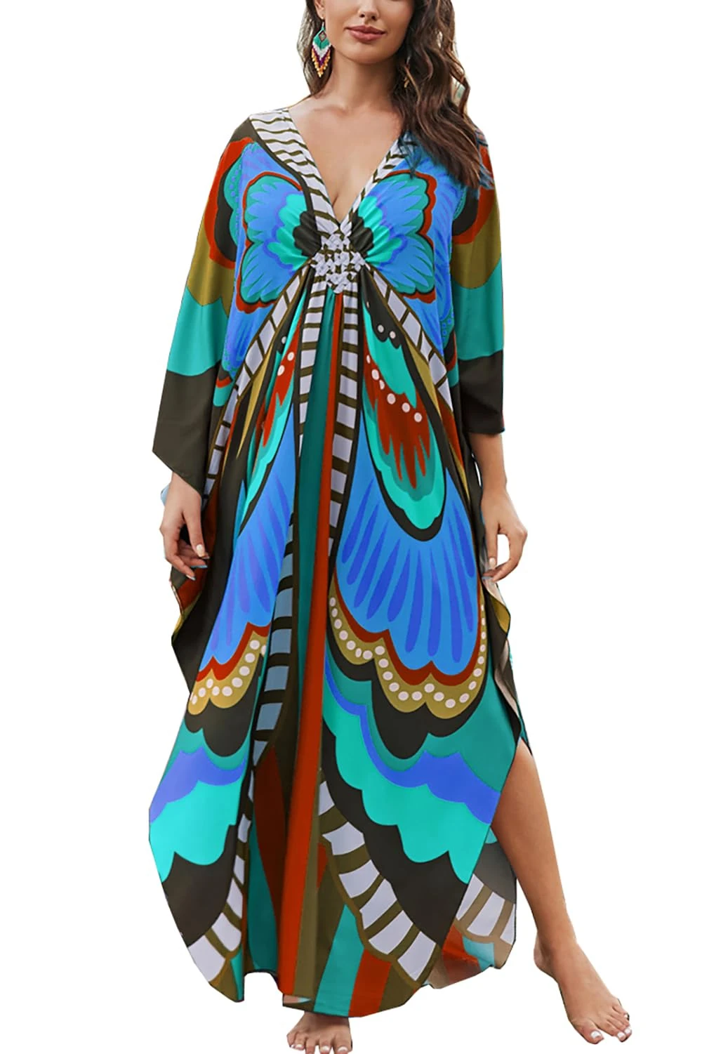 LikeJump Women's Bohemian V Neck Kimono Maxi Swimsuits Kaftan Bikini Cover Ups Summer Beach Dress Tops A Blue