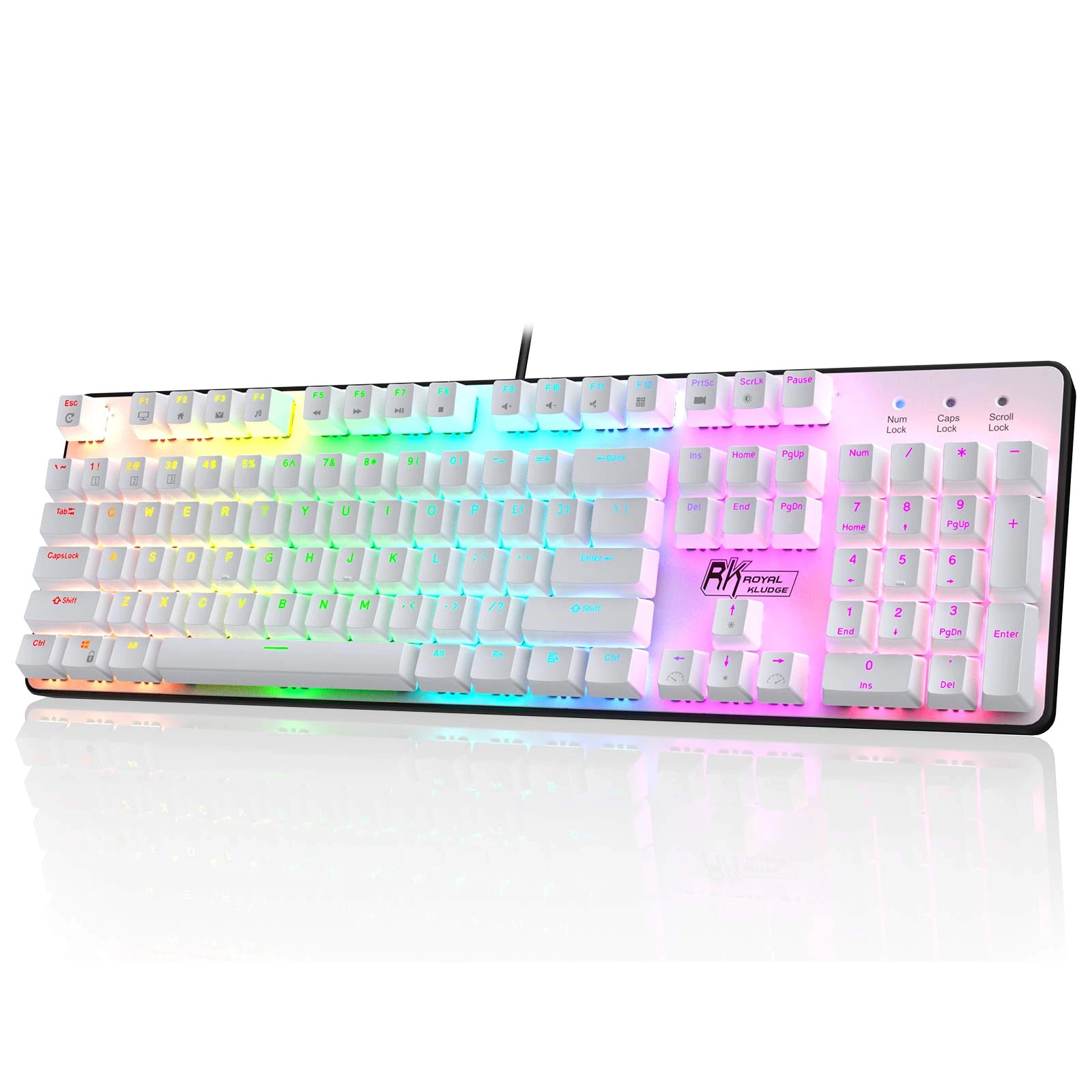 RK ROYAL KLUDGE RK920 100% Wired Mechanical Keyboard, Full Size 104 Keys Rainbow Gaming Keyboard with Number Pad, Compatible for Win/Mac, Tactile Brown Switch, White (US Layout)