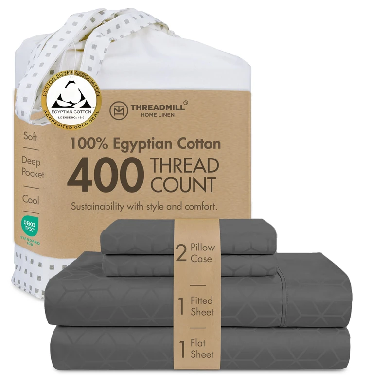 Threadmill Home Linen Certified 100% Egyptian Cotton 400 Thread Count, Queen Sheets, 4 Piece Dark Grey Bed Set, Smooth ELS Combed Cotton, Jacquard Bedsheets with Elasticized Deep Pocket