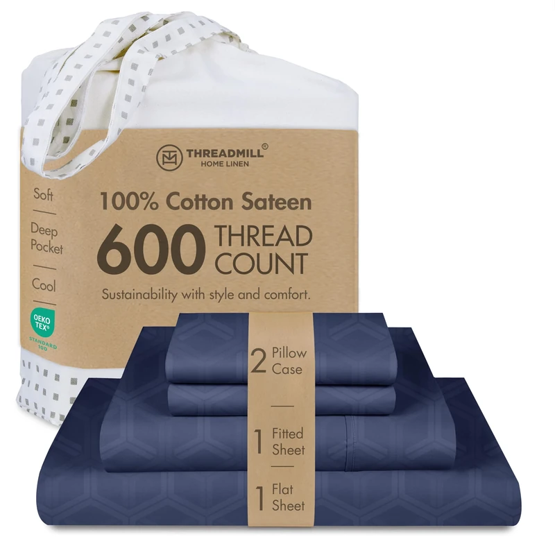 Threadmill Home Linen Full-Size Sheets - 100% Pure Cotton 600 Thread Count, 4 Piece Jacquard Damask Folkstone Bed Set, Hotel Quality ELS Combed Cotton, Luxury Bedsheets with Elasticized Deep Pocket