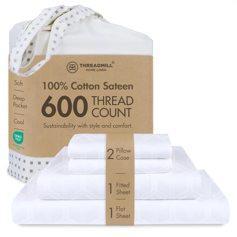 Threadmill Home Linen Full-Size Sheets - 100% Pure Cotton 600 Thread Count, 4 Piece Jacquard Damask Hotel White Bed Set, Hotel Quality ELS Combed Cotton, Luxury Bedsheets with Elasticized Deep Pocket