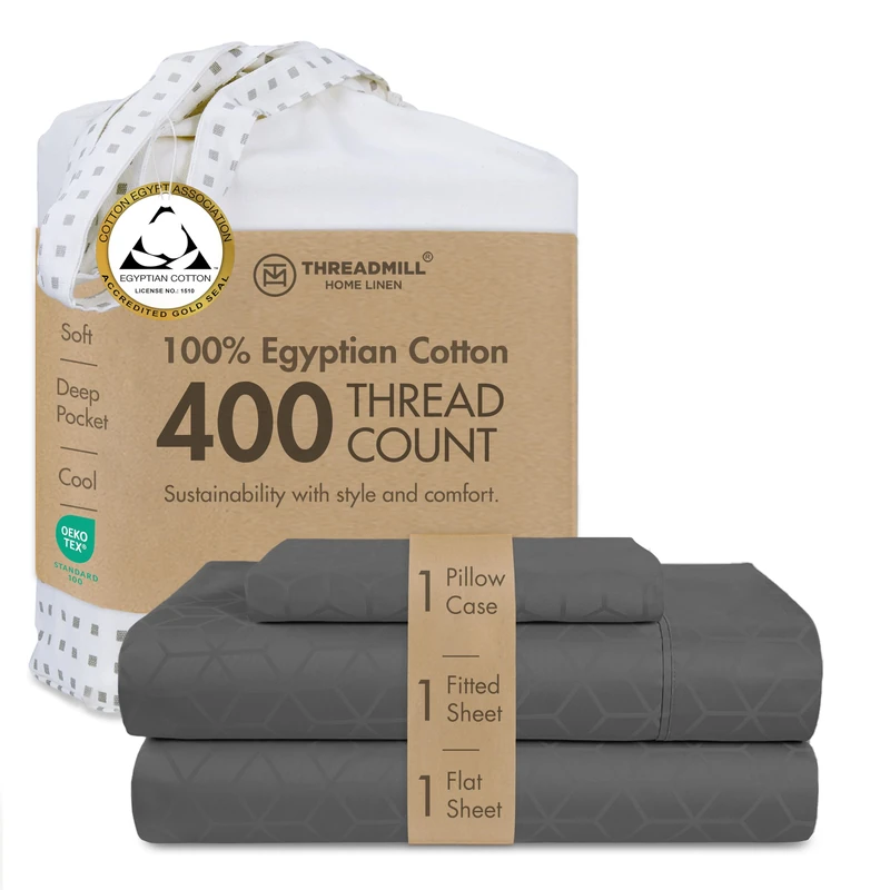 Threadmill Home Linen Certified 100% Egyptian Cotton 400 Thread Count, Twin-XL Sheets, 3 Piece Dark Grey Sheet Set, Comfy ELS Combed Cotton, Jacquard Bedsheets with Elasticized Deep Pocket