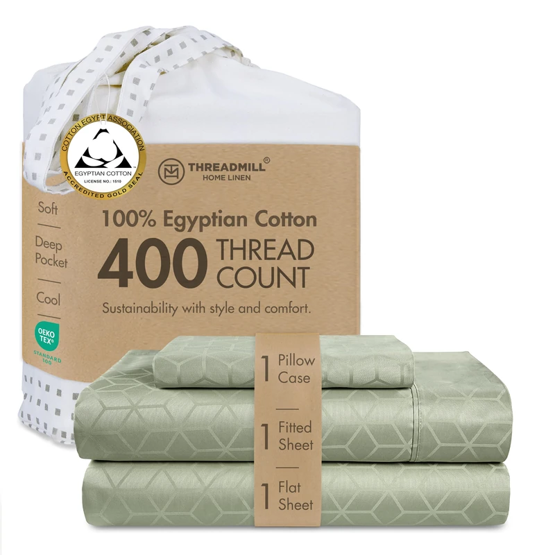 Threadmill Home Linen 400 Thread Count 100% Extra-Long Staple Egyptian Cotton Sheets, 3 Piece Damask Bed Sheet Set, Cadence Jacquard Bedding, Fits Deep Pocket, Twin XL Size, Sage Green