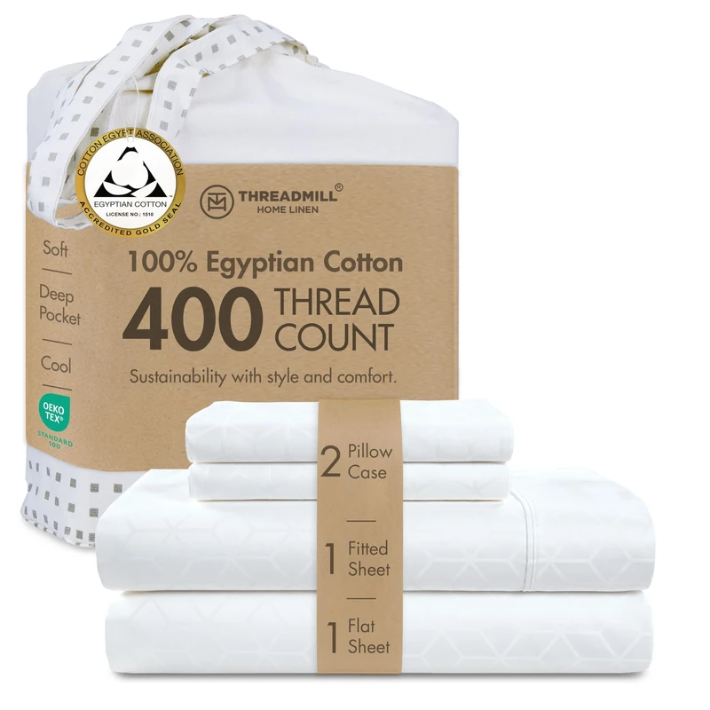 Threadmill Home Linen Certified 100% Egyptian Cotton 400 Thread Count, Queen Sheets, 4 Piece Hotel White Bed Set, Jacquard Bedsheets with Elasticized Deep Pocket
