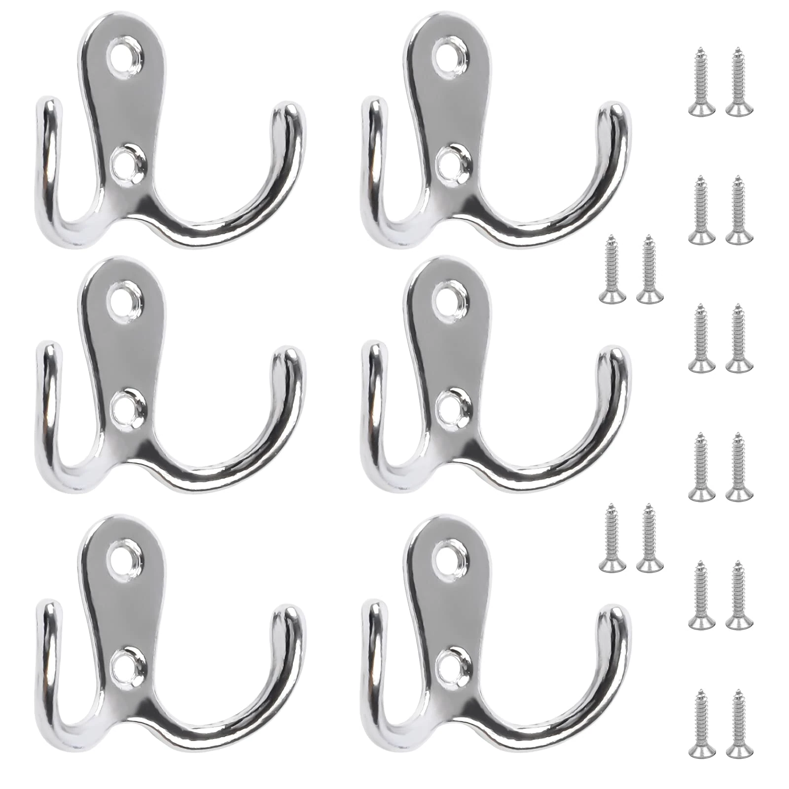 6 PCS Dual Coat Door Hooks, Double Prong Wall Mounted Hooks with 16 PCS Screws for Hanging Hat Tie Clothes Towel Metal Retro Cloth, Chrome Hanger for Bedroom Bathroom Kitchen,Silver