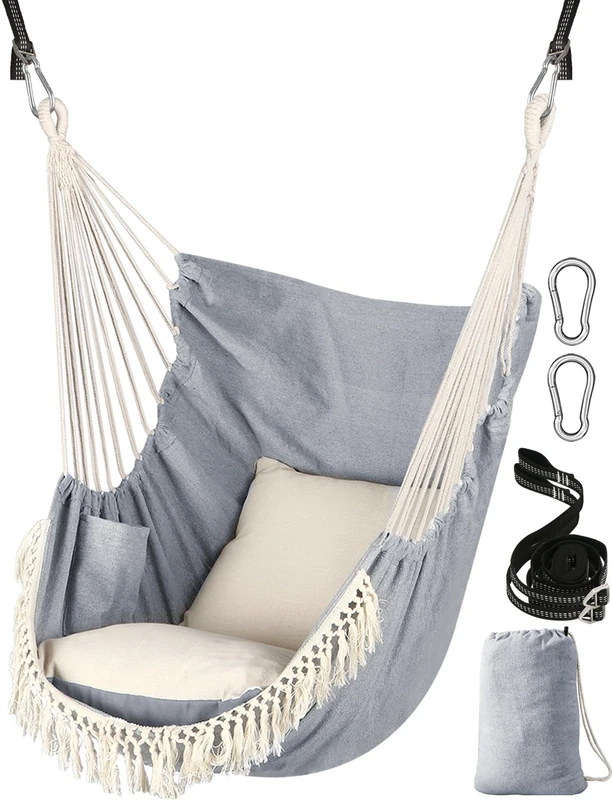 Chihee Hammock Chair Hanging Swing 2 Seat Cushions Included,Strong Webbing Straps and Hooks for Easy Hanging Soft Cotton Weave Hanging Chair Side Pocket Large Tassel Chair Set Comfort Indoor Outdoor