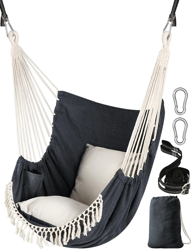 Chihee Hammock Chair Hanging Swing 2 Seat Cushions Included,Strong Webbing Straps and Hooks for Easy Hanging Soft Cotton Weave Hanging Chair Side Pocket Large Tassel Chair Set Comfort Indoor Outdoor