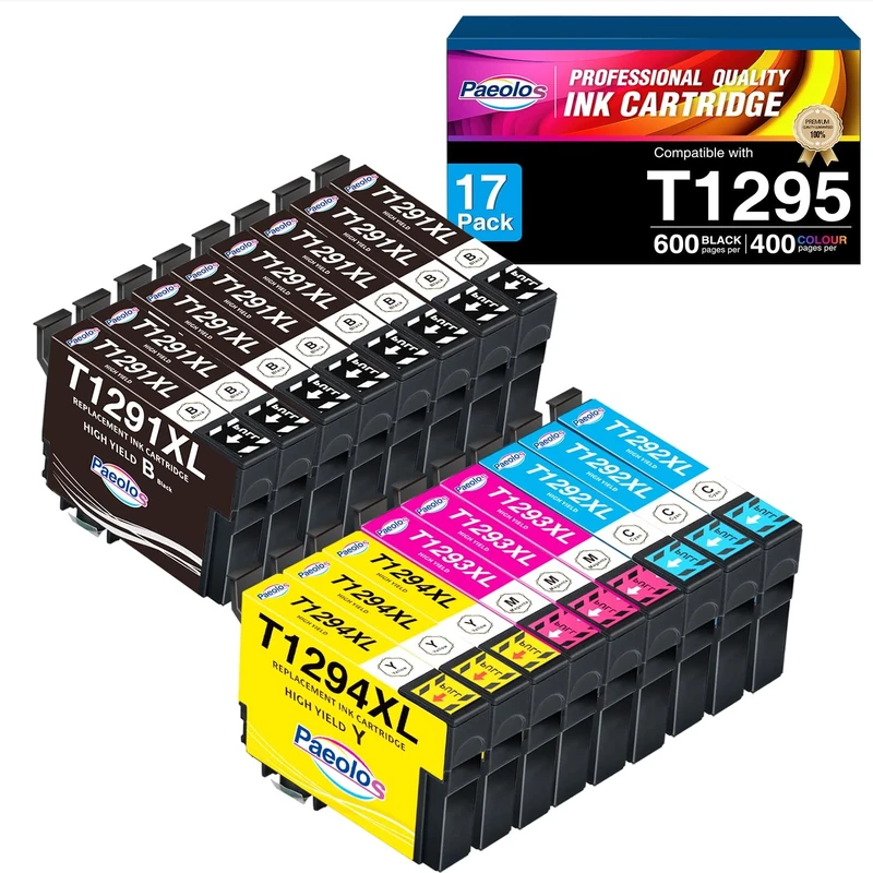 Paeolos T1295 Multipack Ink Cartridges T1291 T1292 T1293 T1294 Compatible for Epson Stylus SX535WD Ink Cartridges Stylus SX425W SX445W SX235W SX535WD WF 3520 (8Black 3Cyan 3Magenta 3Yellow)