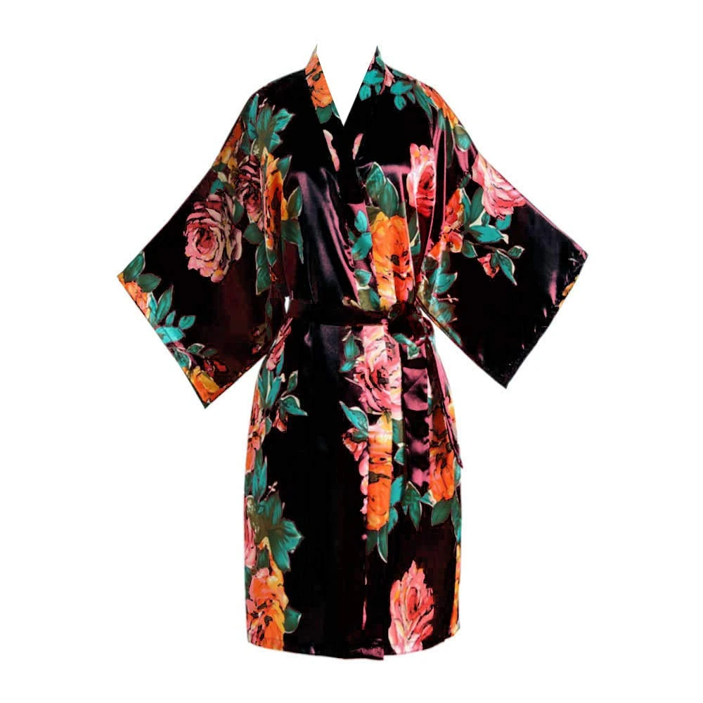 Max Hsuan Ladies Plus Loose Satin Kimono Robe Dressing Gown Wedding Bridesmaid Sleepwear Bathrobe UK Size 8-24 A-Rose Black