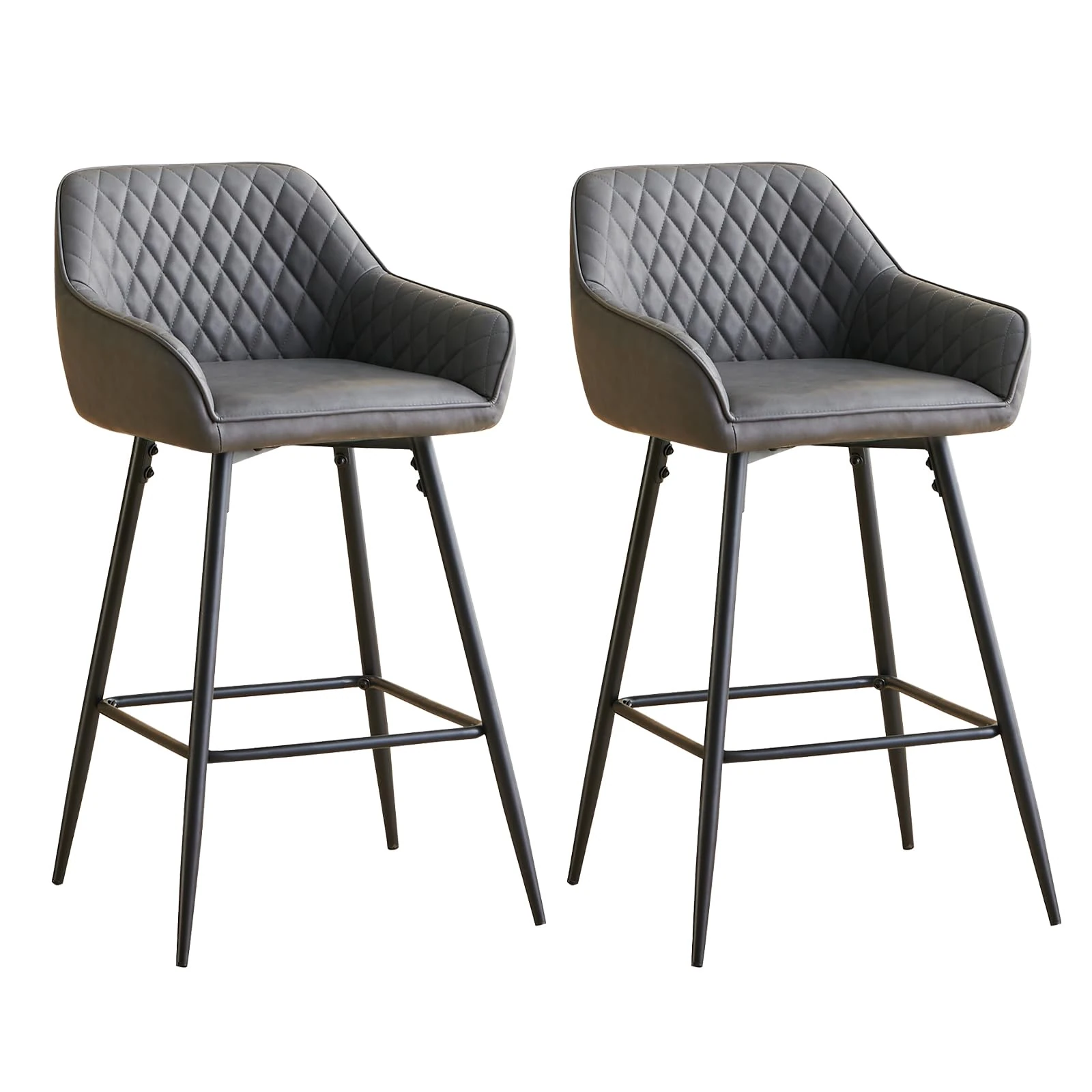 AINPECCA Bar stools Set of 2 Dark Gray Faux Leather Upholstered Seat with Backrest & Armrest Black Metal Legs Counter Breakfast Chairs Kitchen