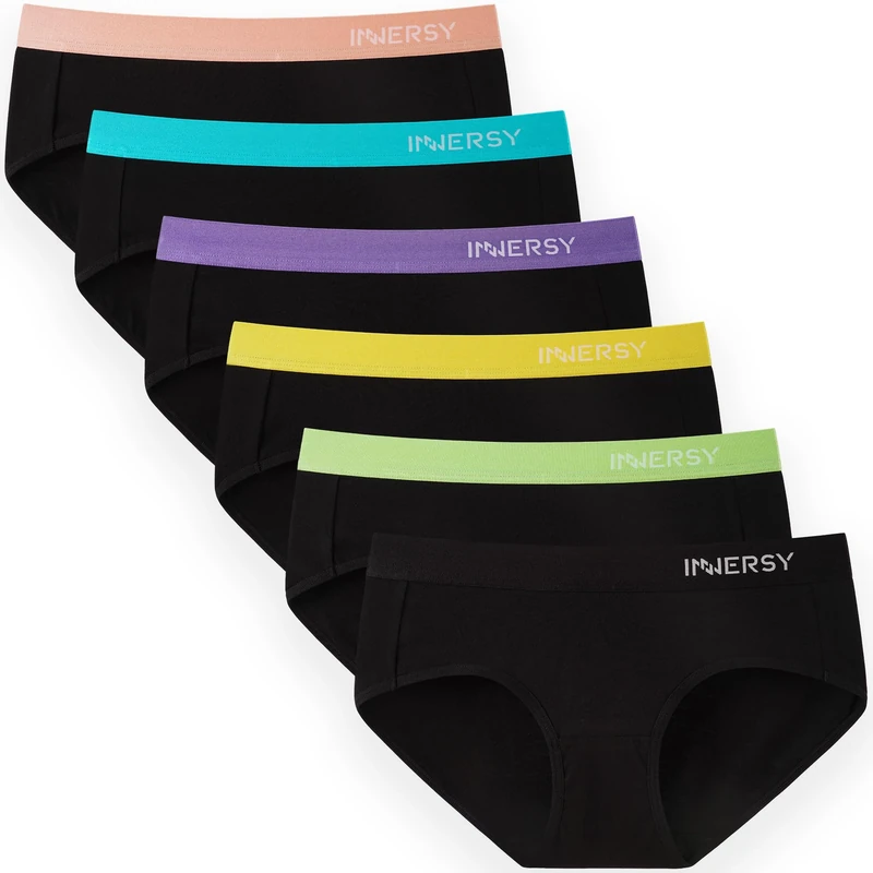 INNERSY Panties for Women Cotton Underwear Ladies Mid Rise Soft Black Knickers Pack of 6 (12, Sporty Black)