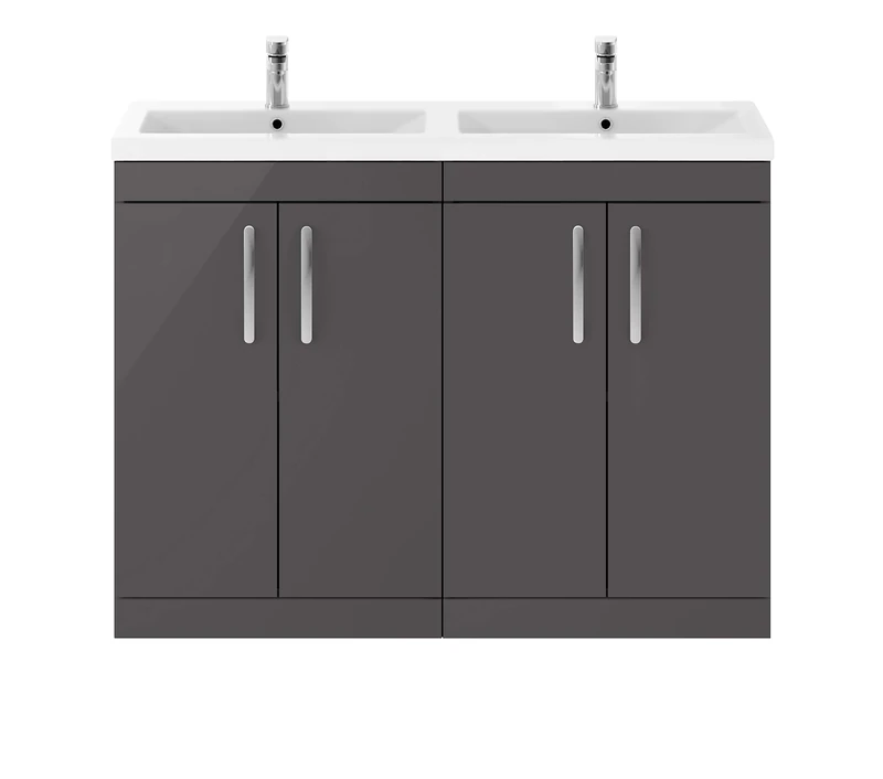 Nuie ATH075F Athena ǀ Modern Bathroom Floor Standing Vanity Double Basin Unit with 4 Soft Close Doors and Double Ceramic Basin, 905mm x 1205mm x 390mm, Gloss Grey