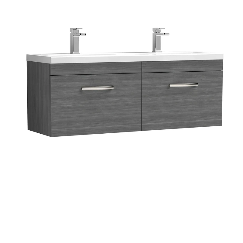 Nuie ATH039F Athena Modern Bathroom Wall Hung 2 Soft Close Drawer Vanity Unit with Double Ceramic Basin, 1200mm, Anthracite