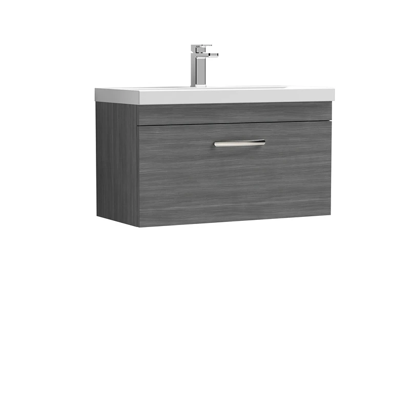Nuie Modern Bathroom Wall Hung Single Soft Close Drawer Vanity Unit with 1 Tap Hole Thin Edge Ceramic Basin, 800mm, Anthracite, Manufactured Wood
