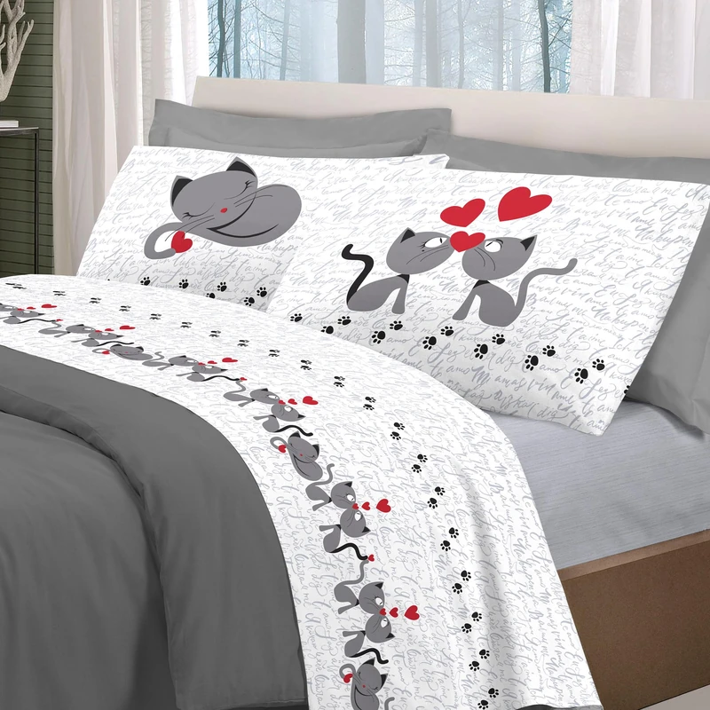 PENSIERI DELICATI Double Bed Set 100% Cotton, Double Bed Sheet Set, 180 x 200 cm, Including Bottom Sheet, Top and 2 Pillowcases, Made in Italy, Grey Cats Design
