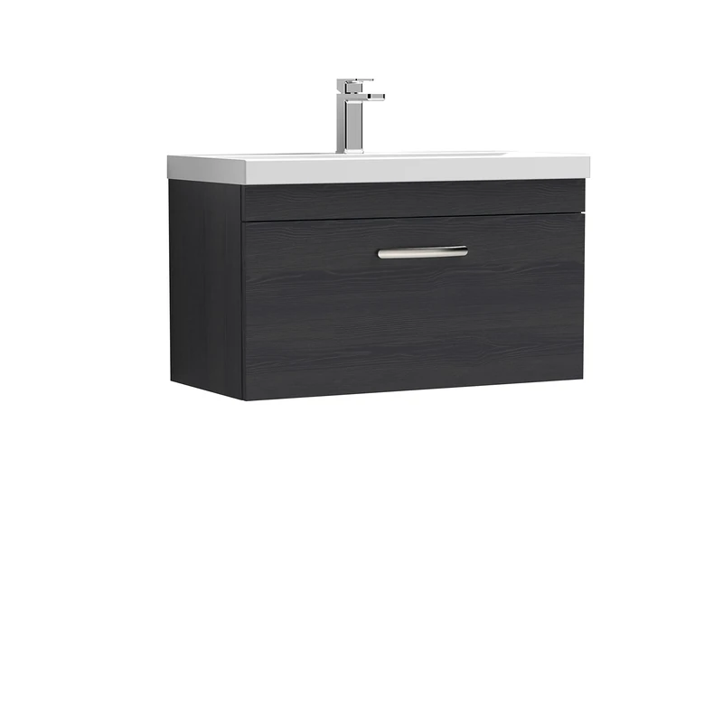 Nuie ATH061D Athena Modern Bathroom Wall Hung Single Soft Close Drawer Vanity Unit with 1 Tap Hole Thin Edge Ceramic Basin, 800mm, Charcoal Black