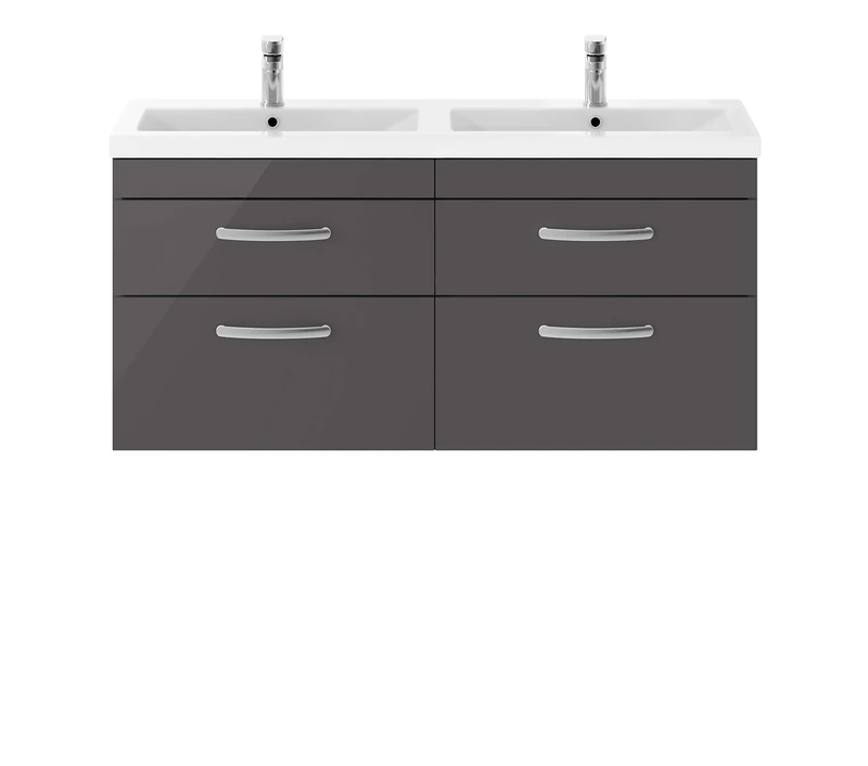 Nuie ATH078F Athena ǀ Modern Bathroom Wall Hung Vanity Double Basin Unit with 4 Soft Close Drawers and Double Ceramic Basin, 578mm x 1205mm x 390mm, Gloss Grey