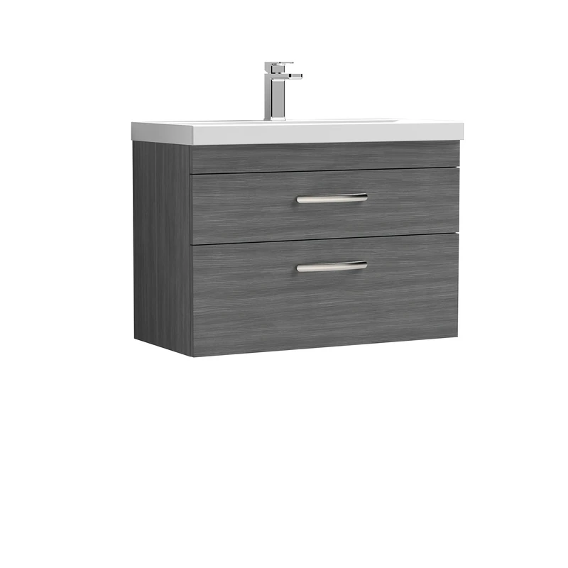 Nuie ATH067D Athena Modern Bathroom Wall Hung 2 Soft Close Drawer Vanity Unit with 1 Tap Hole Thin Edge Ceramic Basin, 800mm, Anthracite
