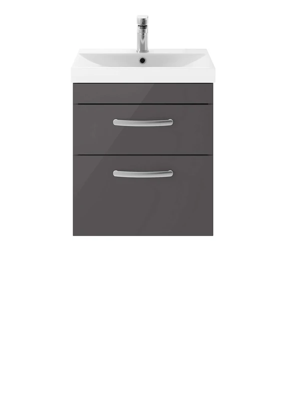Nuie ATH074D Athena ǀ Modern Bathroom Wall Hung Vanity Basin with 2 Soft Close Drawer and Ceramic Thin Edge Basin, 589mm x 510mm x 390mm, Gloss Grey