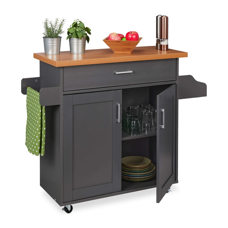 Relaxdays Kitchen Trolley, Counter Top, H x W x D approx. 90 x 39.5 x 114 cm, Metal & MDF, Grey/Natural