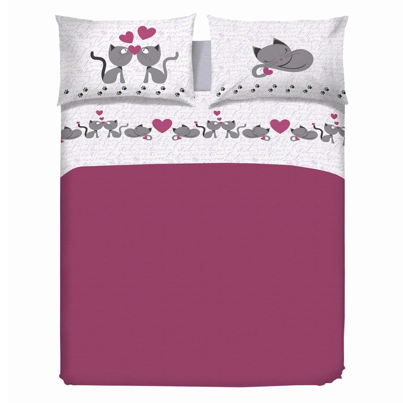 PENSIERI DELICATI Double Bed Sheet Set, 100% Cotton, 180 x 200 cm, Includes Bottom Sheet, Top Sheet and 2 Pillowcases, Made in Italy, Pink Kittens Pattern