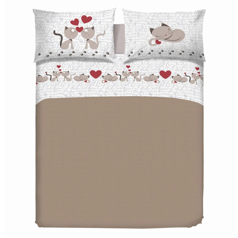 PENSIERI DELICATI Double Bed Sheet Set, 100% Cotton, 180 x 200 cm, Includes Bottom Sheet, Top Sheet and 2 Pillowcases, Made in Italy, Beige Kittens Pattern