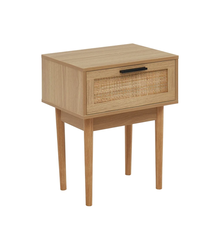 BAÏTA AMANA Bedside table, oak effect and cane-woven rotin, 40cm