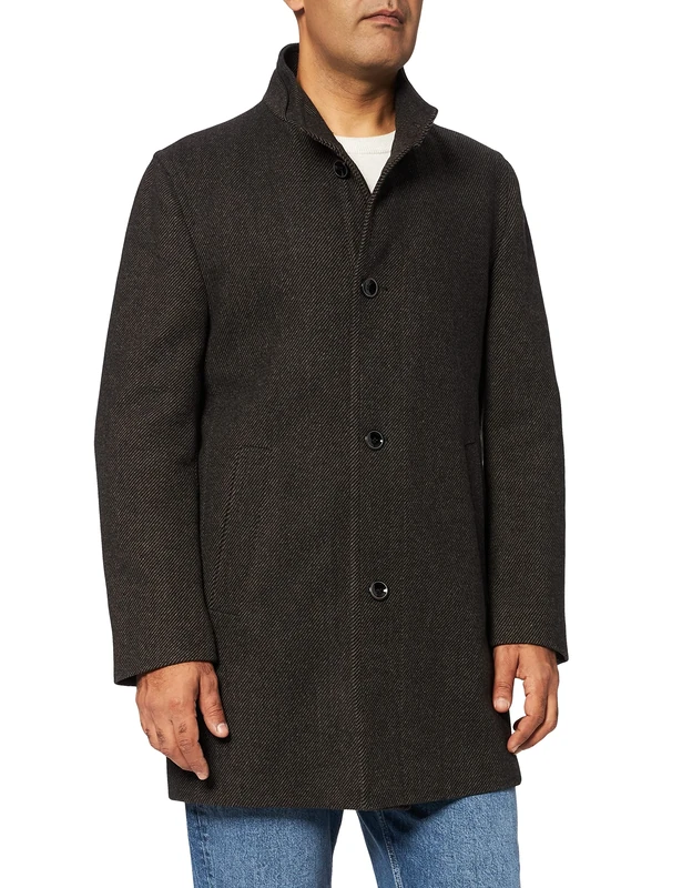 bugatti Men's Classic Wool Coat with Stand-Up Collar in a Comfortable Fit, Brown, 52