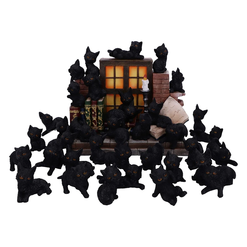 The Witches Litter Display of 36 Black Cat Figurines & Cat House 24.8cm – Gothic Cat Collectible Set