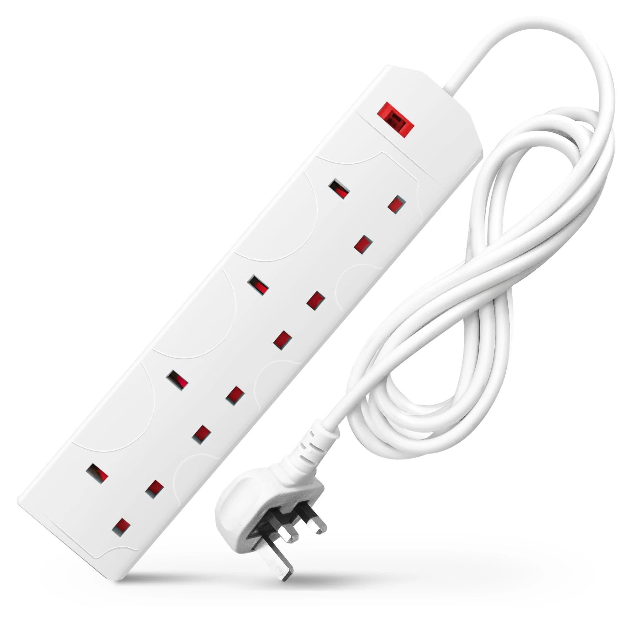DESIRETECH White Electric Extension Lead - 4 Gang, 2 Metre Cable with UK Plug & 3 Pin Socket - Wall Mountable & Multi Socket Mains Strip for Home, Bedroom, Kitchen, & Office (1 Pack)