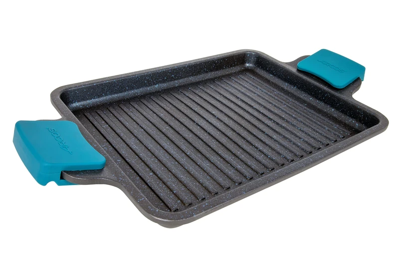Arcos Thera Series | Non-Stick Grill 34x26cm | Cast Aluminum | Suitable for Any Kitchen | Silicone Handles | Energy Saving System | Dishwasher Safe | Black and Blue