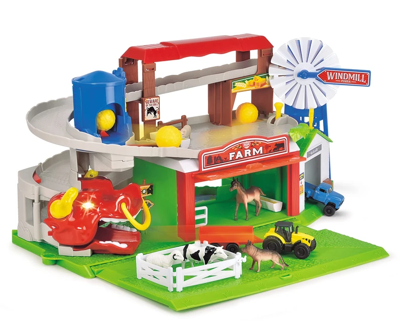 Dickie Toys Farm Playset and Parking Garage with Light and Sound, Includes Vehicles, Lift, Farm Animals and Hay Bales, for Children from 3 Years, 203739003, Multi-Colour