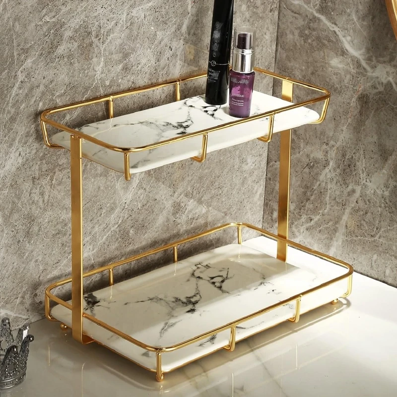 NC Makeup Organizer Shelf, Stainless Steel Shelf with Ceramic Tray, White marbling, for Dresser, Countertop, Bathroom and More, Gold (21324) (142825.5)