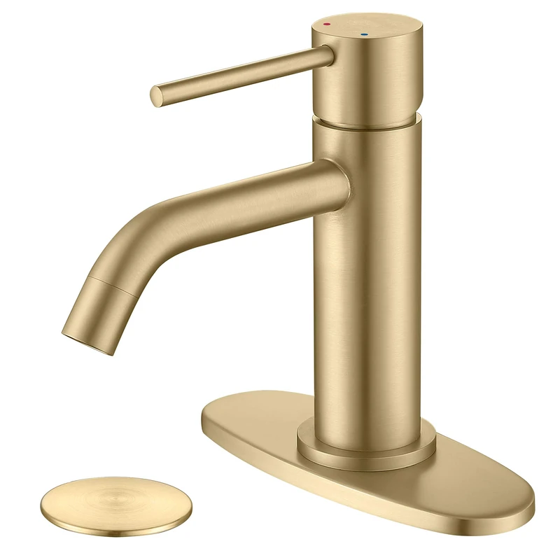Brushed Gold Bathroom Faucet Single Hole, JXMMP Brass Single Handle Bathroom Sink Faucet with Pop Up Drain Assembly and 6 inch Deck Plate