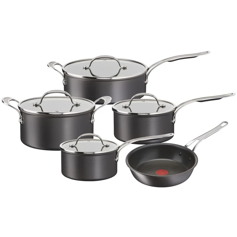 Jamie Oliver by Tefal Cook’s Classics Pots & Pans Set, 5 Pieces, Non-Stick Coating, Oven-Safe, Induction, Glass Lids, Riveted Handle, Hard Anodised Aluminium, H9125S44, Black