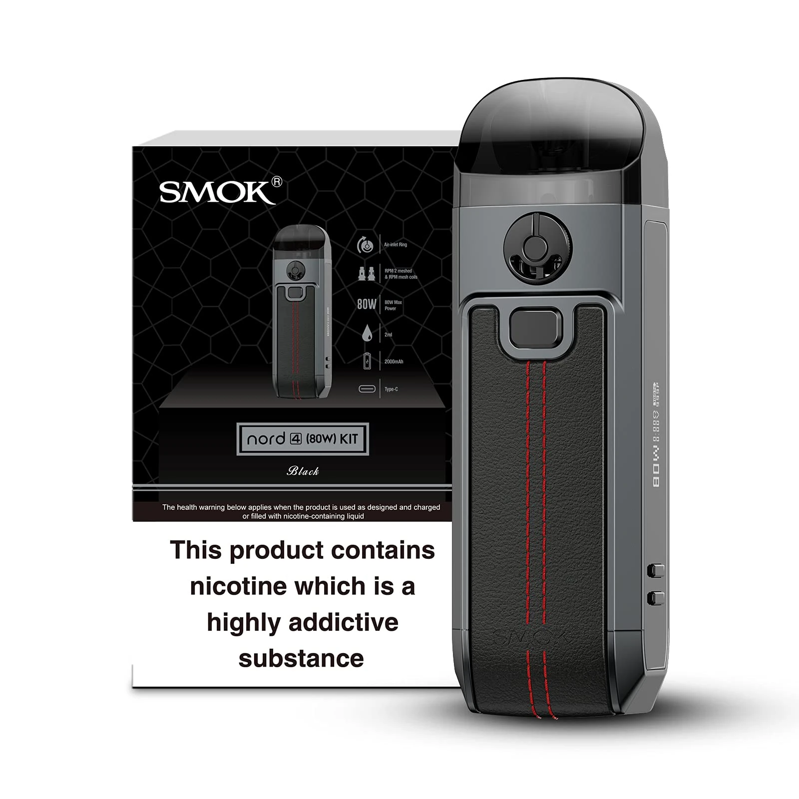 SMOK Nord 4 Vaping Kit, 80W Powerful Pod Mod, Long Lasting Battery, Portable, Dual Coil Compatibility (RPM 2 & RPM Coils), E Cig, E Cigarettes, Starter Kit, SMOK Vaping, No Nicotine (Black Leather)