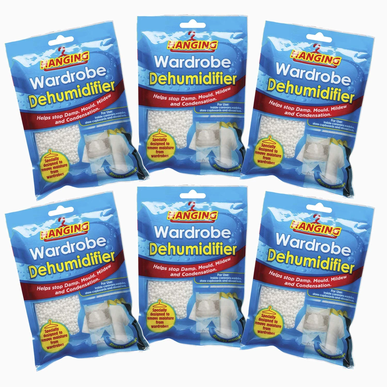 6x Hanging Wardrobe Dehumidifier, Condensation Remover, Moisture Absorber, Dehumidifiers for Damp, Mould, Moisture in Wardrobe, Bedroom, Caravan, Bathroom, Basement
