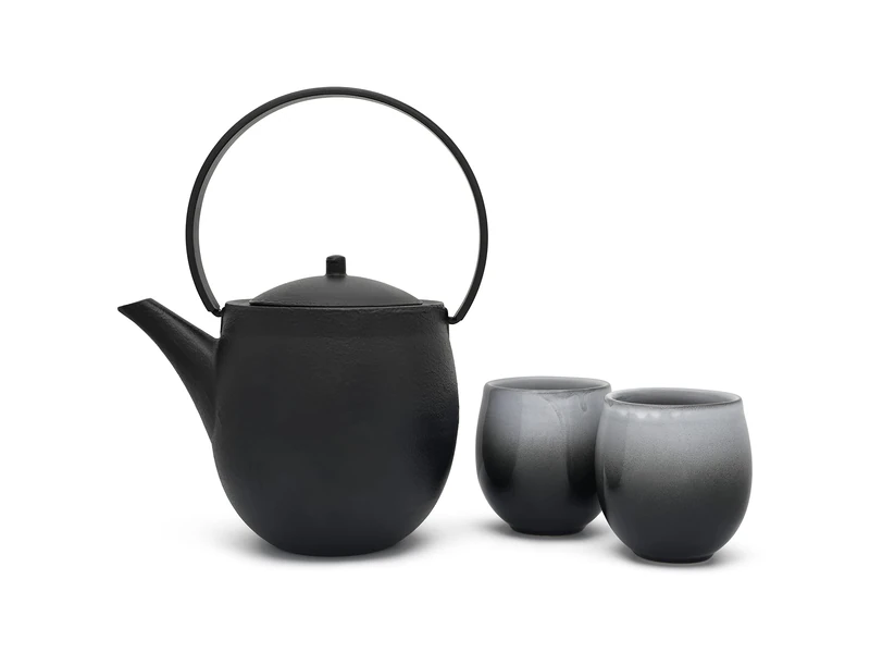 Black Cast Iron Asia Teapot 1.2 litres Including 2 Porcelain Tea Cups for Preparation of Loose Tea