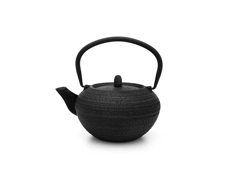 Black Round Cast Iron Asia Teapot 1.2 litres Including Filter Sieve for Preparation of Loose Tea