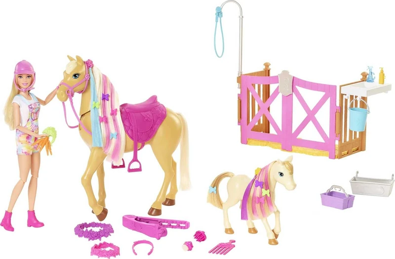 Barbie Groom 'n Care Horses Playset with Barbie Doll (Blonde 11.5-in), 2 Horses & 20+ Grooming and Hairstyling Accessories, Gift for 3 to 7 Year Olds, HGB58