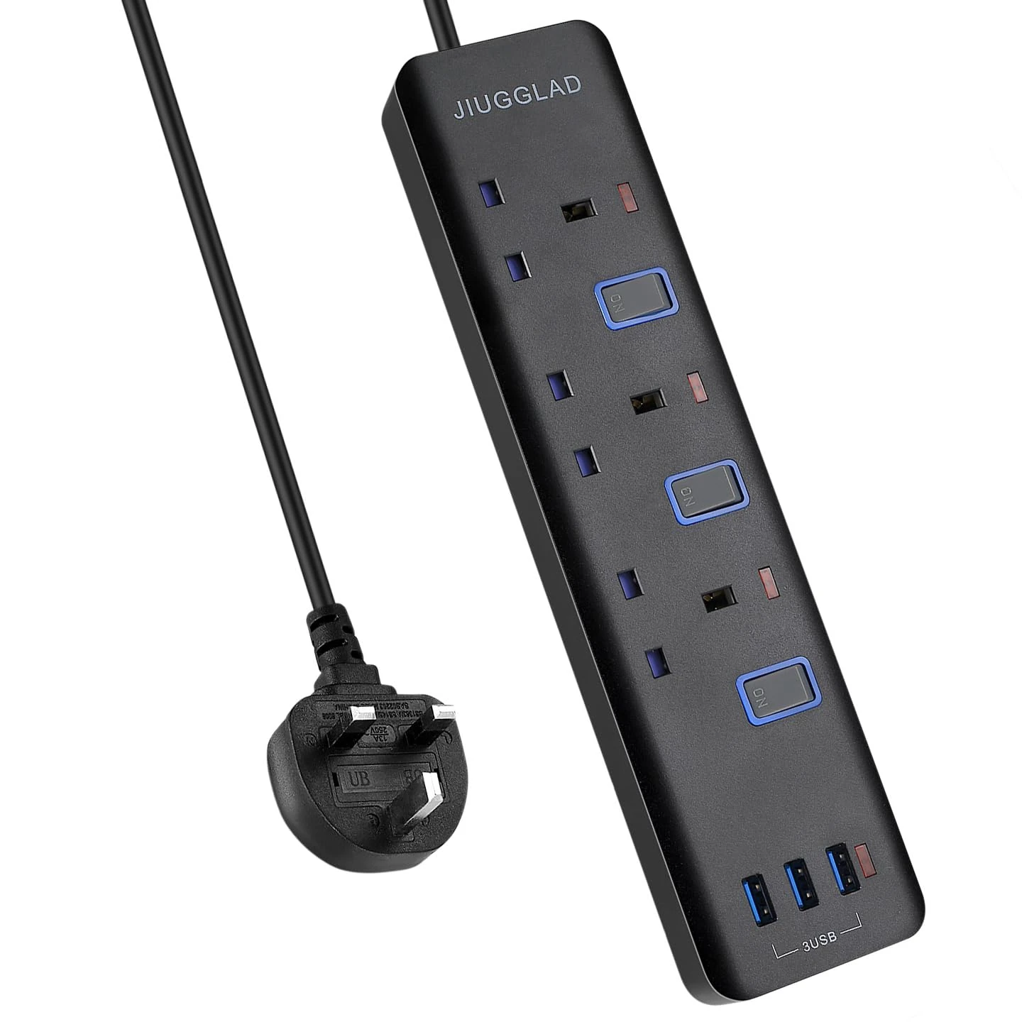 Extension Lead with USB Slots(3 USB), 1.8M Extension Cable, 3 Way Plug Extension Socket with Individual Switches, Wall Mount Extension Cord for Home, Office